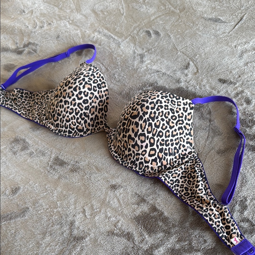 PINK Victoria's Secret Leopard Print Bra with Purple Accents
